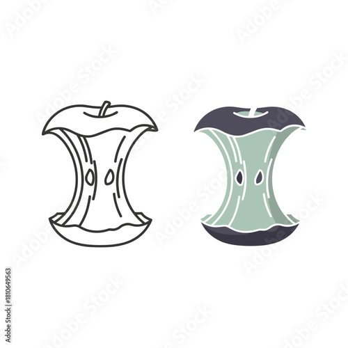 Illustration of an apple core, with a line art and a colored version isolated on