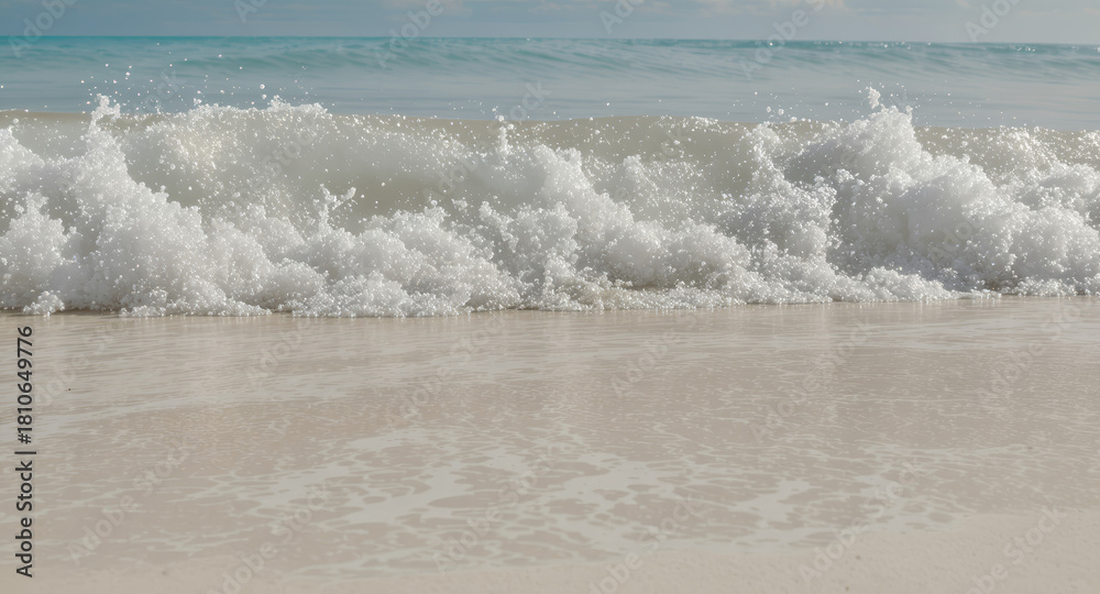 Fototapeta premium Feel the ocean breeze with this wave crashing on the shore, perfect for travel ads or summer promotions and bringing a sense of calm and relaxation