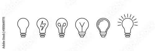 Set of six thin line light bulb icons symbolizing idea, invention, electricity, and creativity. Minimalist vector graphic for innovation concepts