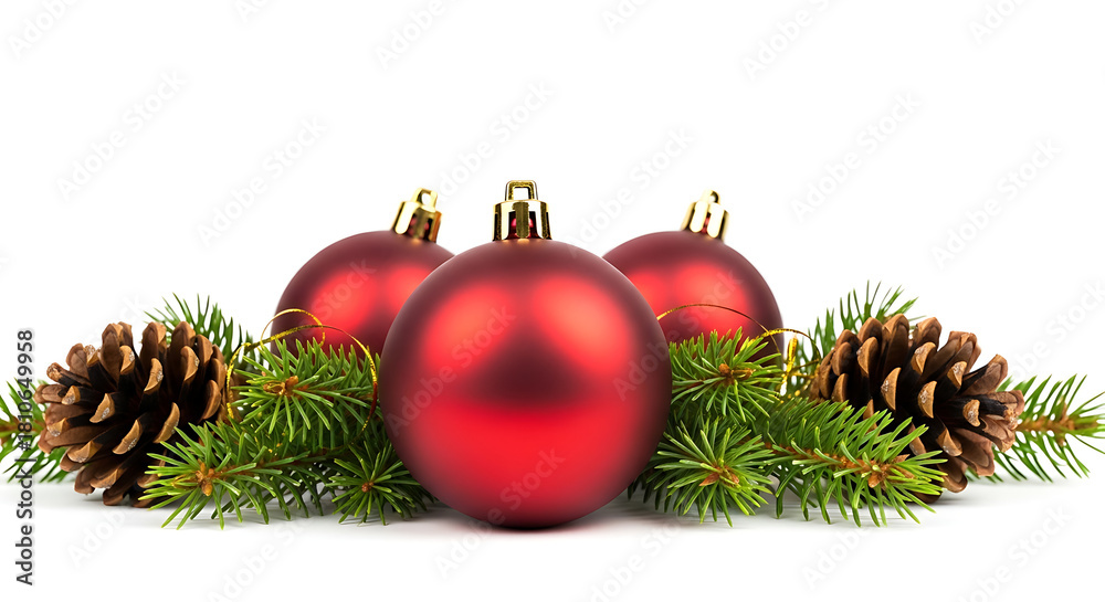 Fototapeta premium Vibrant red Christmas baubles nestled among fresh pine branches and natural pine cones on a pristine white background, perfect for holiday season greetings and festive designs
