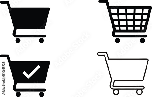 Shopping cart icon set, ecommerce basket and checkout symbol collection, black and outline vector illustration for online store retail, market purchase and digital shop interface