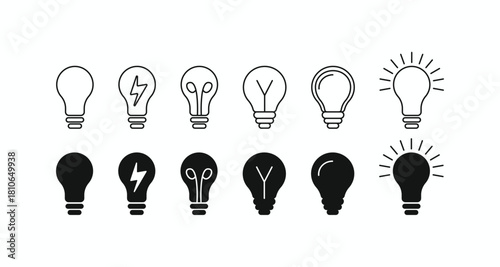Extensive set of twelve light bulb icons in both thin line outline and solid black silhouette styles. Represents electric power, creativity, solutions, and brilliant ideas