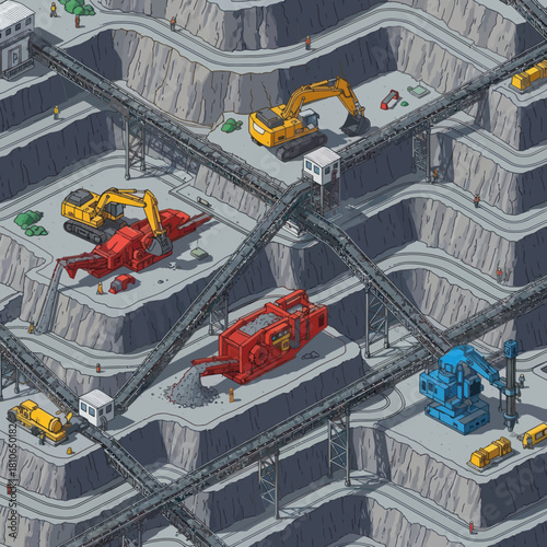 Mining Excavators and Vehicles in an Open Pit Mine.