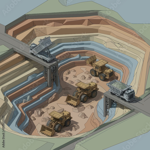 Illustrative diagram of an open-pit mining operation with heavy machinery.