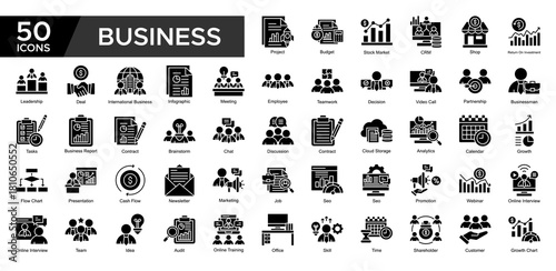 Business collection set. Project, Budget ,Stock Market, Return On Investment, Teamwork, Employee , Leadership, Analytics, icon. Simple Glyph vector illustrati