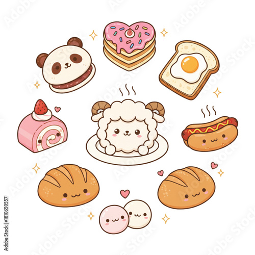 Circular Set of Cute Kawaii Lamb and Food Icons for Bakery Menu