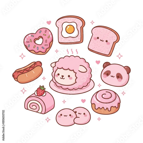 Cute Pink Kawaii Food Collection with Lamb Character and Sweet Bakery Items