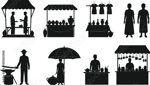 Silhouette illustration of traditional street market vendors, pottery stalls, clothing shops, blacksmith workshop and umbrella seller, cultural market scene vector design, black and white