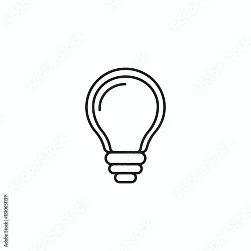 Minimalist black outline icon of a simple light bulb, perfect for symbolizing illumination, concepts, bright ideas, and technological innovation. Clean vector design