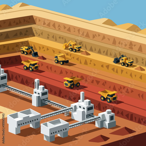 Isometric vector illustration of an open pit mining operation with heavy machinery.