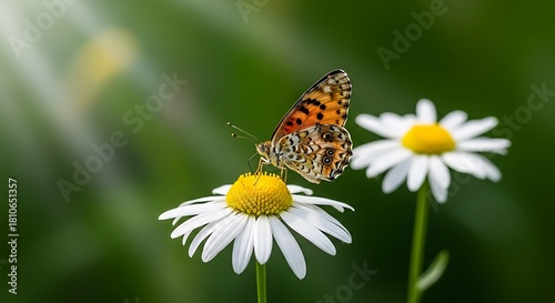 Fototapeta Naklejka Na Ścianę i Meble -  Butterfly on a daisy flower in the sun