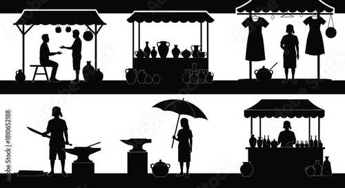 Traditional street market silhouette scene with vendors selling pottery, clothing, handmade crafts, blacksmith working, outdoor stalls, cultural lifestyle marketplace illustration, vector art design