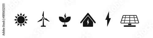 Collection of six solid black silhouette icons representing renewable and green energy sources: sun, wind power, bio-fuel, smart home, lightning, and solar panel. Ecology and sustainability graphic