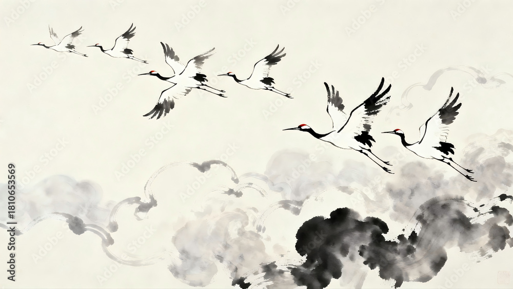 Fototapeta premium Cranes in Auspicious Clouds