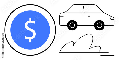 Black outline car, blue dollar coin, and abstract shape evoke themes thumbs up auto financing, budgeting, insurance, fleet management, leasing, cost-saving and vehicle ownership. Clean flat metaphor