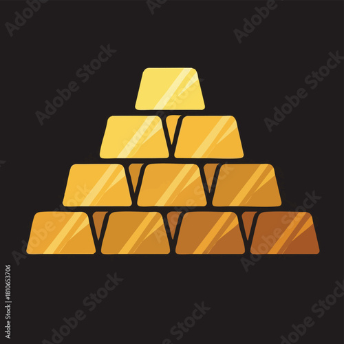 A vector illustration depicts a pyramid of gold bars, symbolizing wealth, investment, and financial success on a dark background.
