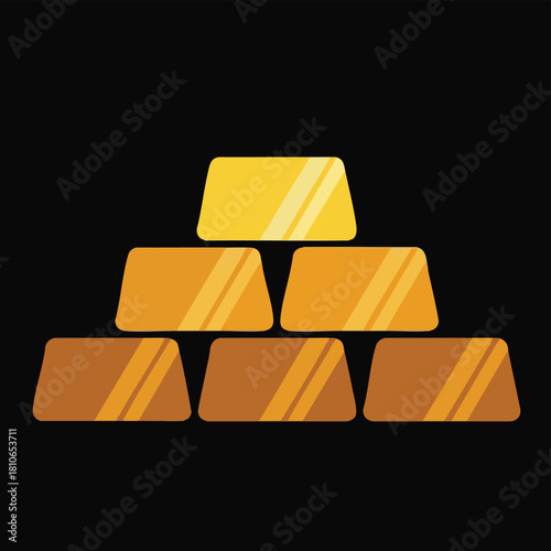 Illustration of gold bars stacked in a pyramid shape, symbolizing wealth, finance, and investment against a black background.