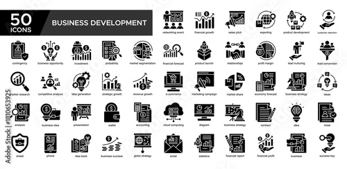 Business Development collection set. Networking Event, Financial Growth ,Product Development, Cuatomer Retntion, Relationship, Business Strategy , Ideas, Analysis, icon. Simple Glyph vector illustrati