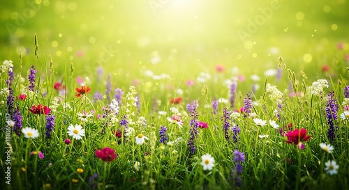 Fototapeta Naklejka Na Ścianę i Meble -  Vibrant meadow filled with colorful wildflowers in bright sunlight