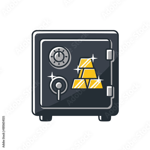 A secure, closed safe icon, featuring a combination lock and glimmering gold bars, representing financial security and wealth on a white background.