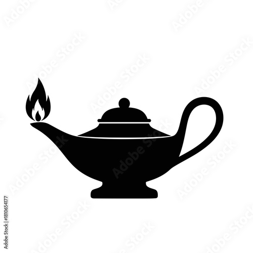 A black silhouette of an oil lamp with a flame on a, perfect for designs related to history, culture, or vintage themes
