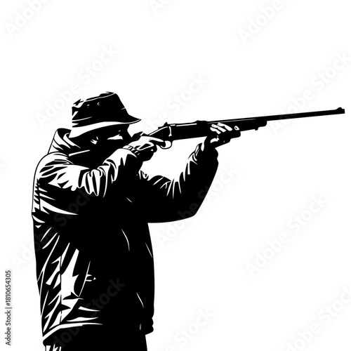 Hunter aiming with rifle isolated on a skilled marksman ready for the hunt, focused on precision and accuracy in the wilderness