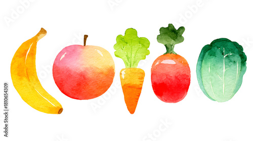 Colorful Watercolor Fruits and Vegetables Illustration Featuring Banana, Apple, Carrot, Tomato, and Cabbage on a White Background for Fresh Food Projects