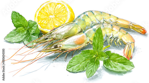 Fresh Shrimp Illustration with Lemon and Mint Leaves for Culinary and Seafood Themed Designs, Suitable for Cookbooks, Menus, and Food Promotion Materials