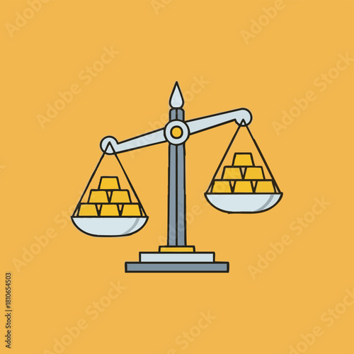 An illustration depicts a balance scale holding stacks of gold bars, symbolizing financial equilibrium and wealth against a yellow background.