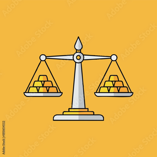 An illustration depicts a balanced scale with gold bars on each side, symbolizing wealth, finance, and economic equilibrium against a yellow backdrop.