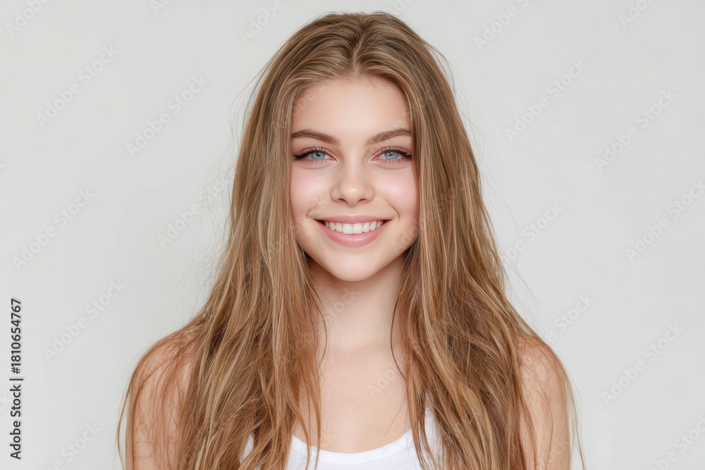 Fototapeta premium Portrait of a young woman in a white bikini smiling confidently with natural makeup and healthy glowing skin. Perfect for skincare, wellness, and lifestyle concepts.
