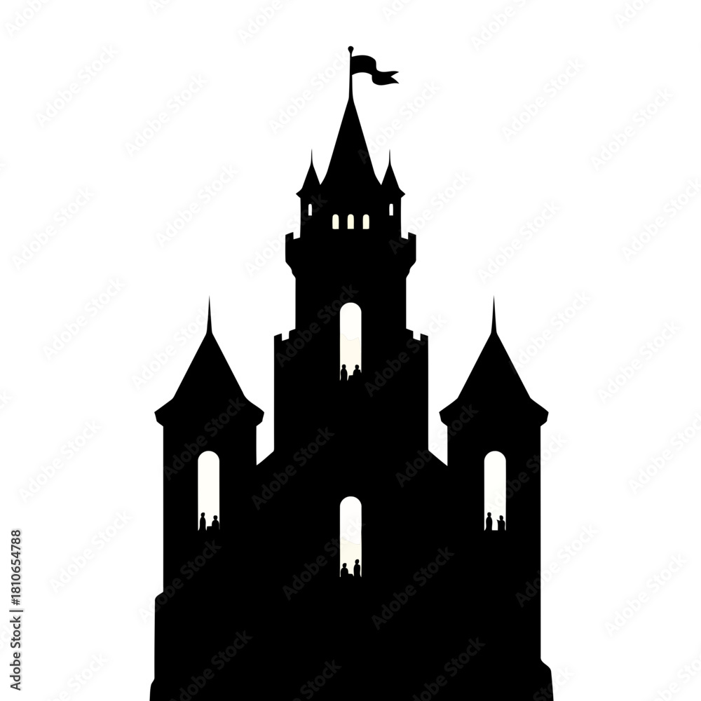 Obraz premium Silhouette of a majestic castle with a flag atop its highest tower, isolated on, evoking fairy tales and medieval times