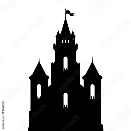 Silhouette of a majestic castle with a flag atop its highest tower, isolated on, evoking fairy tales and medieval times