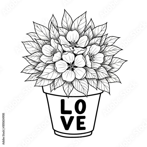 Hand drawn flower pot with the word love isolated on, a charming floral design perfect for adding a touch of romance to any project