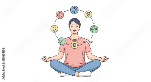 Person meditating and juggling abstract concepts and ideas represented by circular icons symbolizing balance and mental clarity