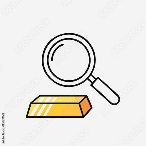 A magnifying glass examines a gold bar, symbolizing financial analysis, wealth, investment, and the search for valuable assets in a simple, illustrative style.