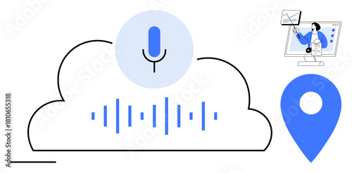 Voice recognition concept. Voice recognition in cloud services for seamless integration with data visualization and geolocation. Voice recognition use in technology, geodata, and analysis tools