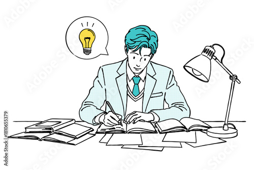 勉強している男子高校生（ブレザー・電球）,アイデア,解決,勉強中,受験,気づき,ひらめき,シンプル,ベクター,男子学生