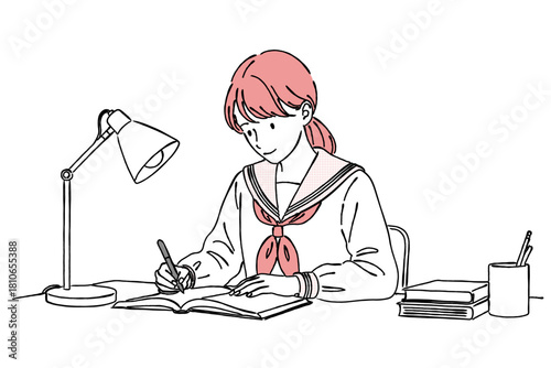 勉強する女子学生（セーラー服）,学習,受験,自宅学習,デスク,読書,シンプル,ベクター