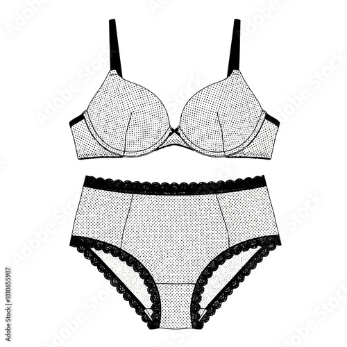 A bra and panty set with a delicate pattern isolated on the bra is a pushup style, and the panties have lace trim