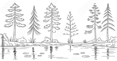 Architectural landscape vector drawing with minimal CAD tree outlines, wetland forest sections, and clean side-view elements perfect for garden planning and environmental design visuals.