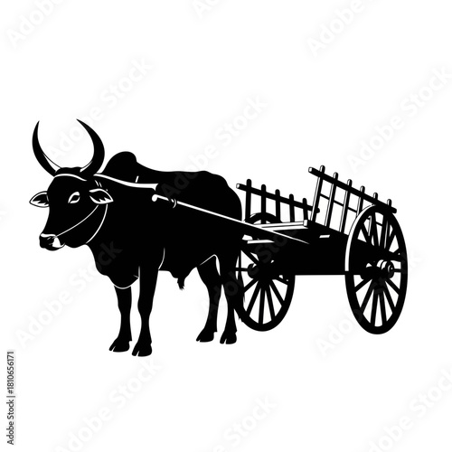 An ox pulls a traditional wooden cart, its sturdy frame carrying goods across the land, isolated on