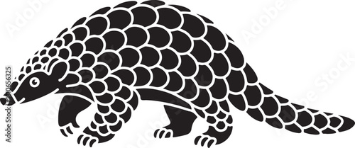 Black and white stylized pangolin illustration with scaled texture walking animal wildlife