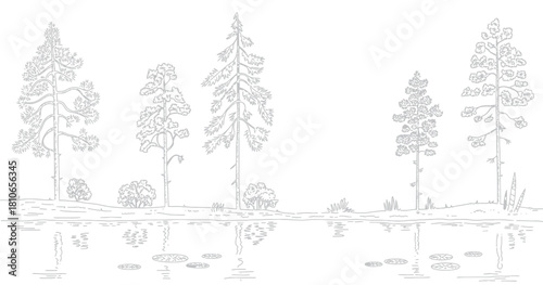 Architectural minimal CAD tree illustration showing side-view forest outlines and wetland section elements, ideal for professional landscape design, garden planning, and clean vector drafting.
