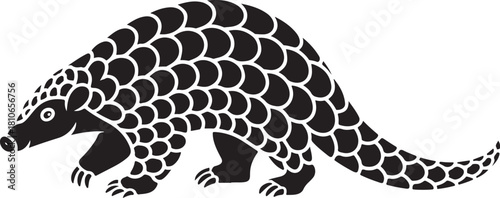 Black pangolin silhouette with scaly textured body walking on white background animal