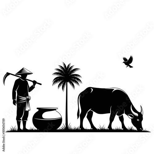 Silhouette of a farmer with a buffalo in a field, isolated on, depicting rural life and traditional agriculture practices