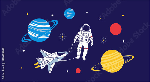 Astronaut in Space with Planets and Spaceship Illustration.