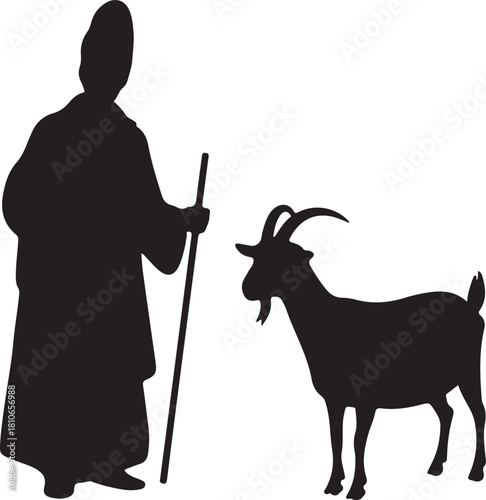 Black silhouette of a shepherd holding a staff standing next to a goat on a white background