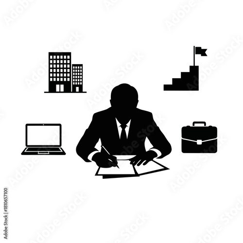 Ambitious businessman signing a contract with laptop, building, briefcase, and stairs to success isolated on vector illustration