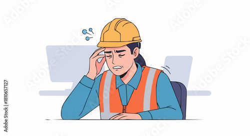Stressed construction worker experiencing a headache at the office.
